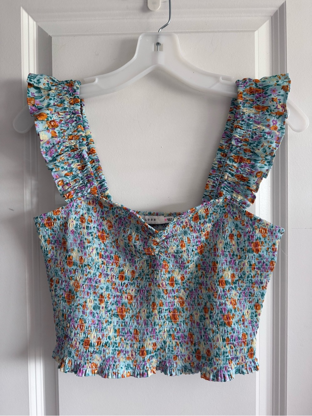 Lush Light Blue Smocked Floral Crop Top